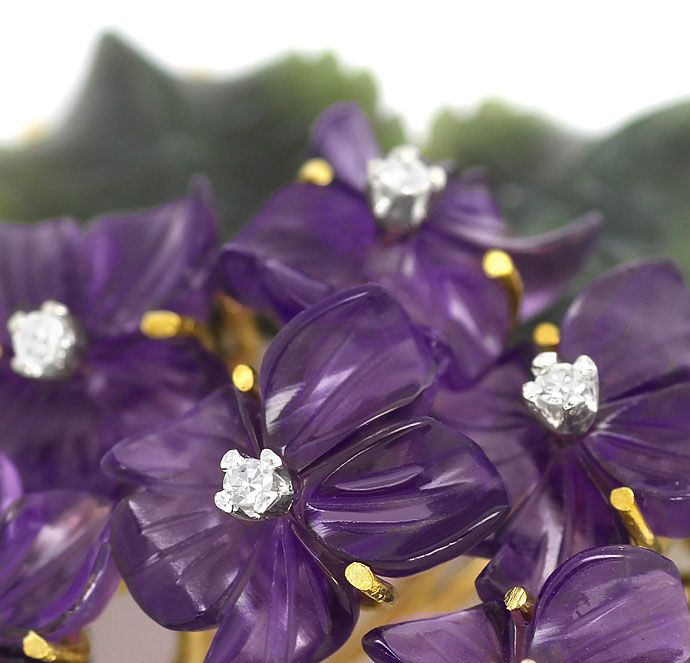 Foto 2 - Blumen Brosche Amethyst Diamant Veilchen Jadeit Blätter, R6653
