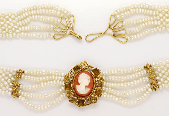 Foto 3 - Altes Gold-Collier mit Gemme und über 1200 Zucht-Perlen, S4044