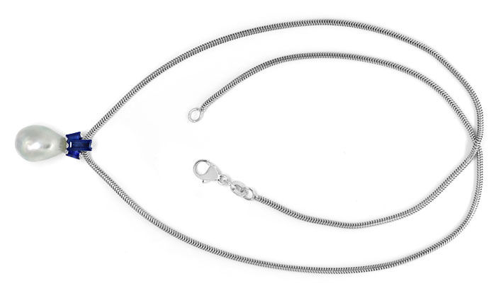 Foto 1 - Silberne Tropfen Perle und Saphire im Weißgold-Collier, S9236