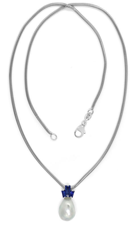 Foto 3 - Silberne Tropfen Perle und Saphire im Weißgold-Collier, S9236